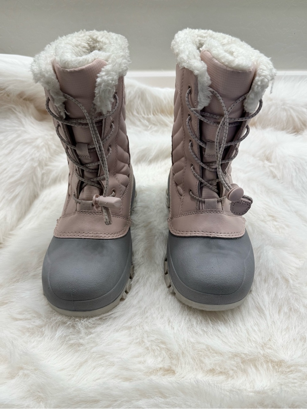 Kids Insulated Pink and Gray Snow Boots with Faux Fur Collar
